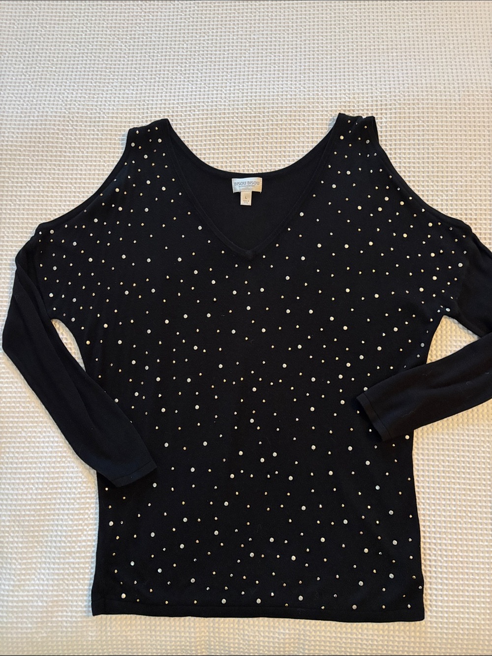 Dotted Cold-Shoulder Black Sweater